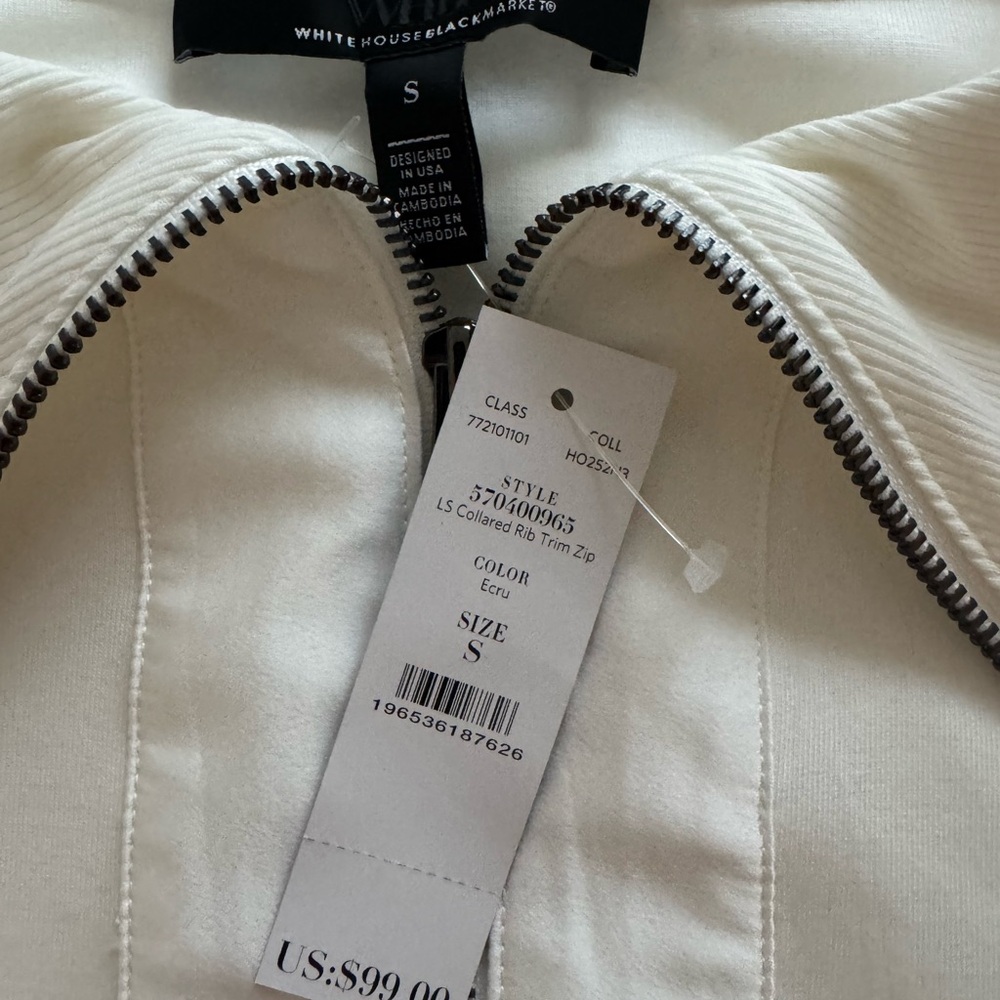 NWT White House Black Market Long Sleeve Collared Trim Zip Ecru - Picture 4 of 5